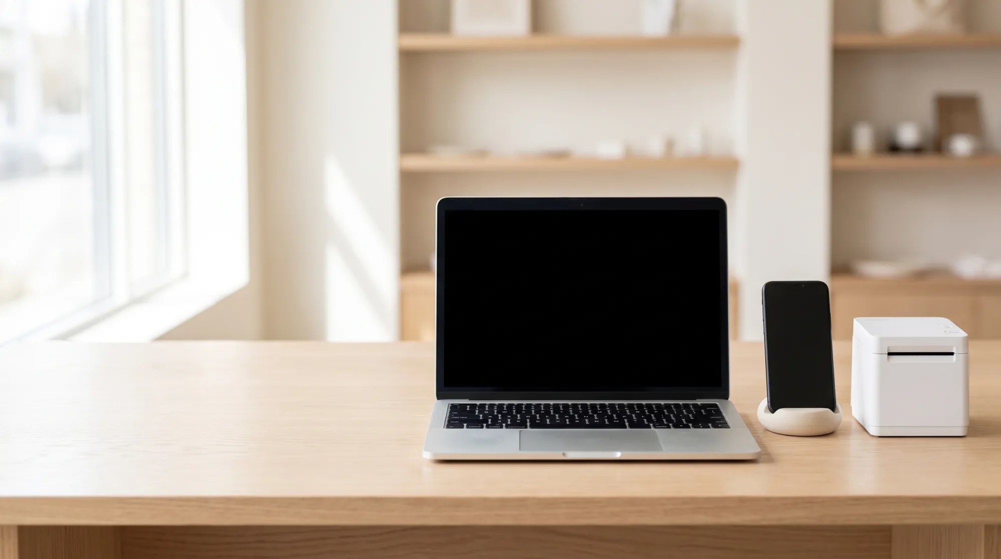 La trastienda de un negocio: laptop, impresora de tickets y telefono
